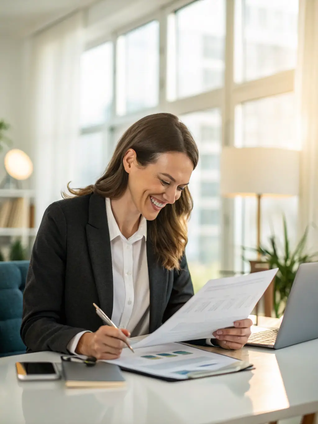 A professional woman confidently reviewing loan documents at her modern home office, bathed in natural light, symbolizing financial empowerment and smart decision-making with Cobar Loans.