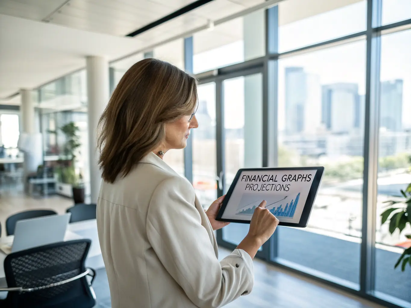 A professional woman confidently reviewing loan options on her tablet in a bright, modern office setting, symbolizing informed financial decisions.